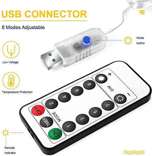 USB Powered 300 LED Curtain String Light, 8 Modes Remote, Waterproof