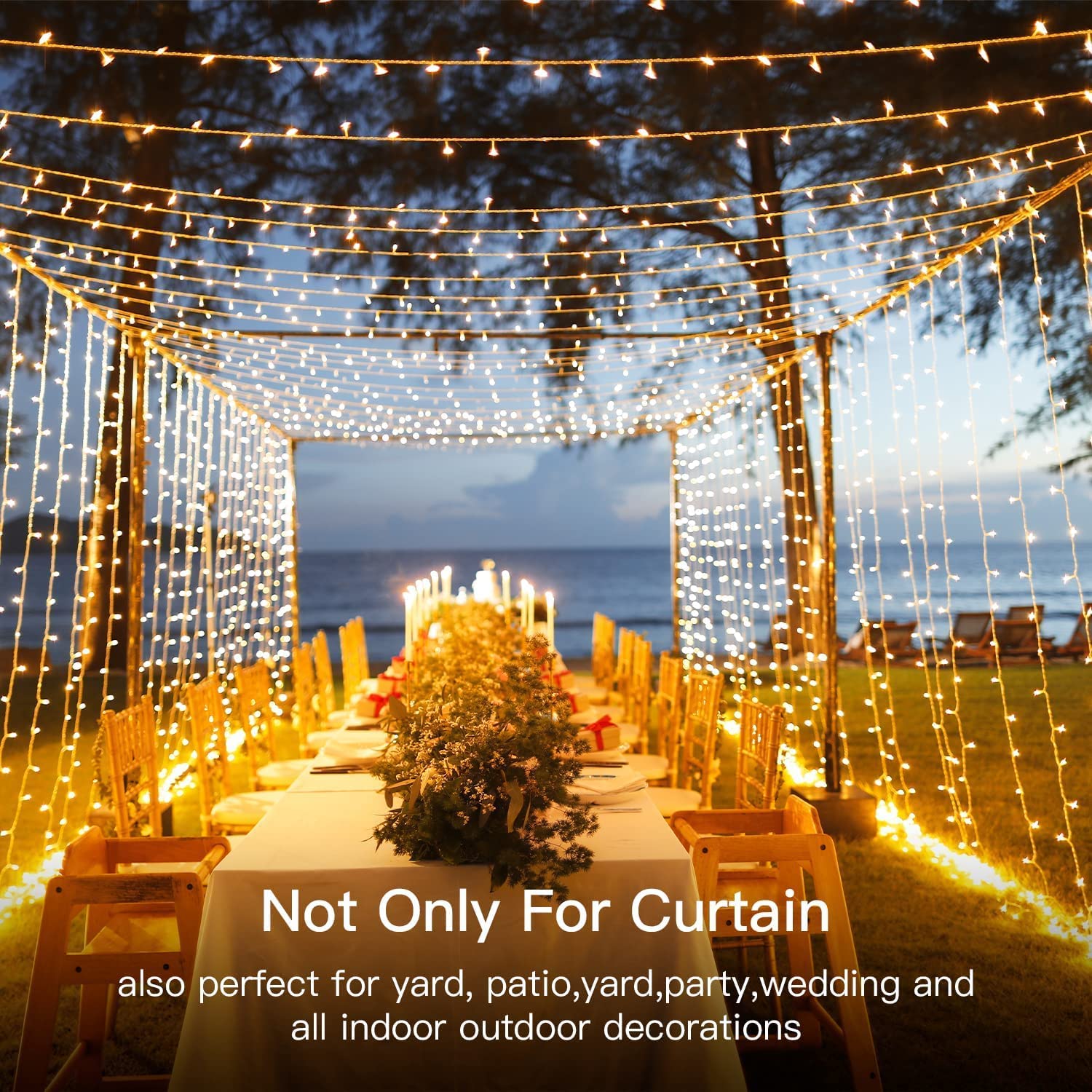 USB Powered 300 LED Curtain String Light, 8 Modes Remote, Waterproof