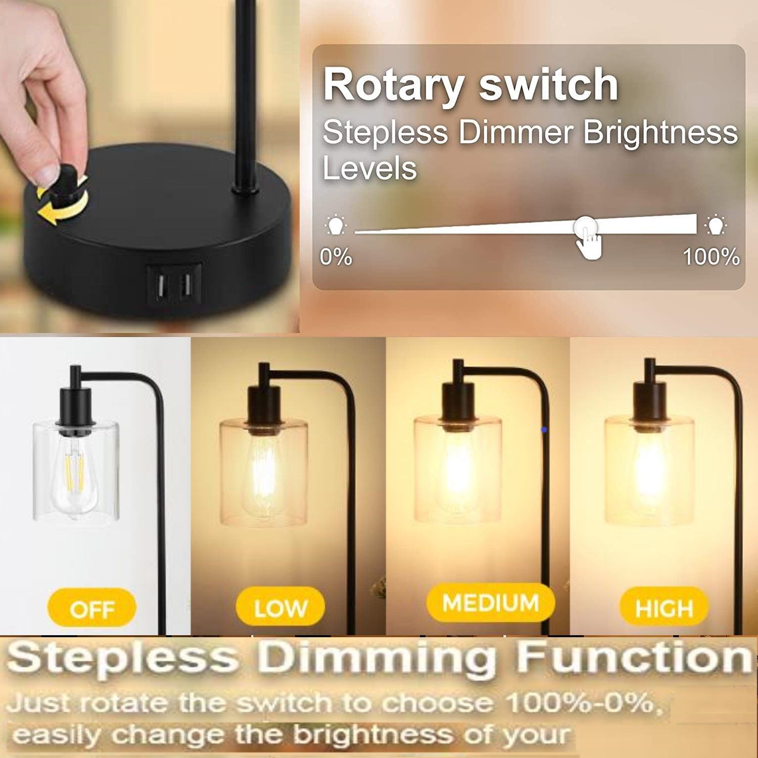 2x Pack Industrial Table Lamp with 2 USB Port for Bedside Nightstand Desk and Living Room Office Bulb not Included