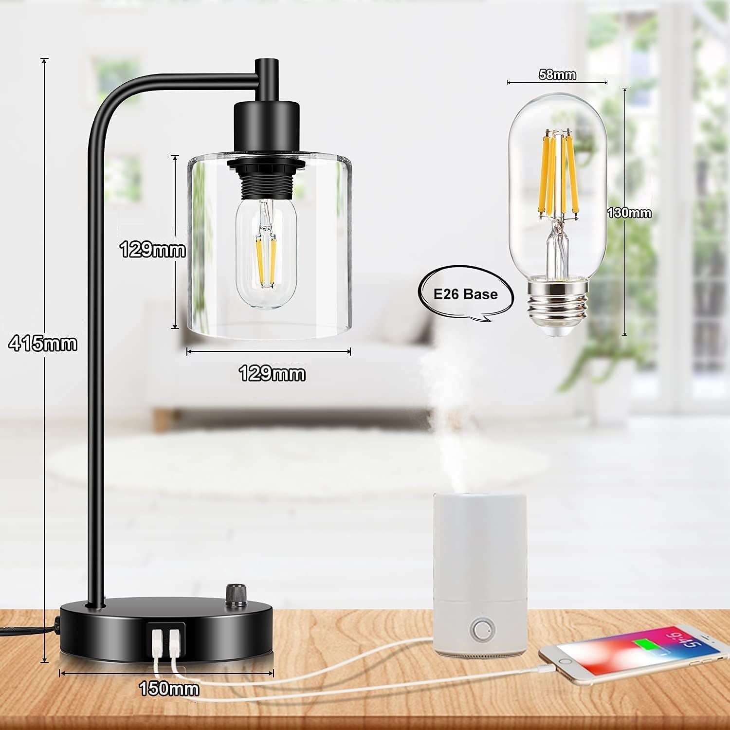 2x Pack Industrial Table Lamp with 2 USB Port for Bedside Nightstand Desk and Living Room Office Bulb not Included