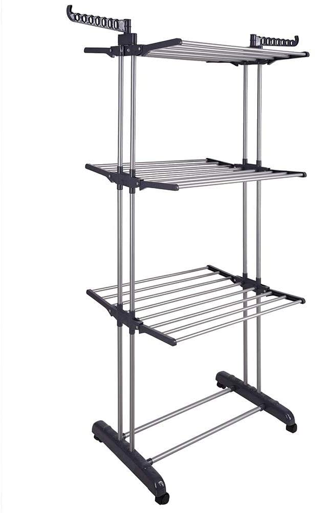 Foldable 3 Tier Stainless Steel Clothes Drying Rack with Hangers