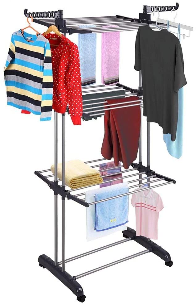 Foldable 3 Tier Stainless Steel Clothes Drying Rack with Hangers