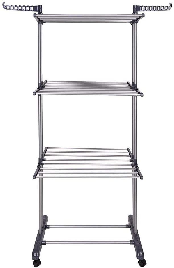 Foldable 3 Tier Stainless Steel Clothes Drying Rack with Hangers