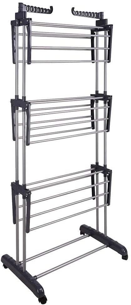 Foldable 3 Tier Stainless Steel Clothes Drying Rack with Hangers