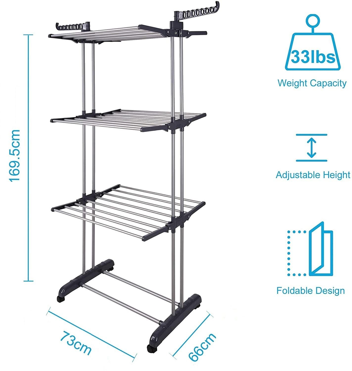 Foldable 3 Tier Stainless Steel Clothes Drying Rack with Hangers