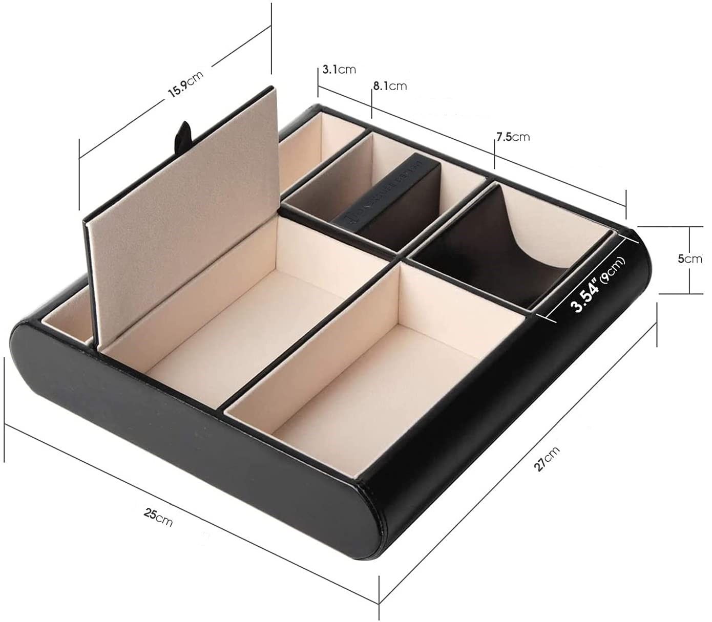 Valet Tray Leather Multi Catch Storage Box for Jewellery Accessories, Keys, Phone, Wallet, Coin, Jewellery Black