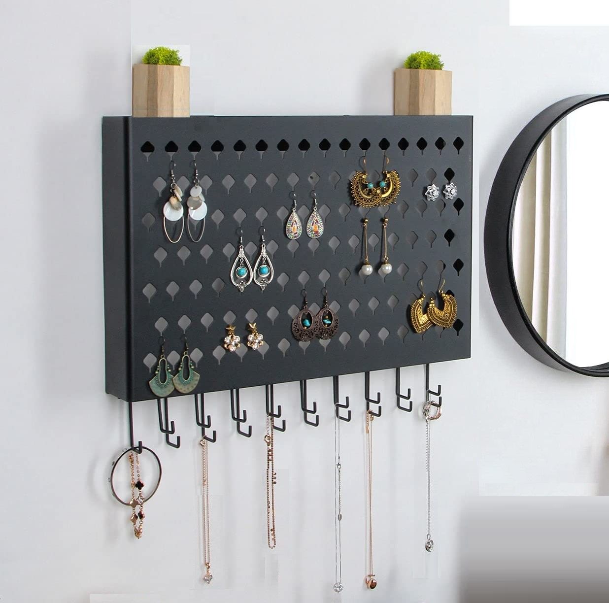 Wall Mount Earring Jewelry Hanger Organizer Holder with 109 Holes and 19 Hooks Black