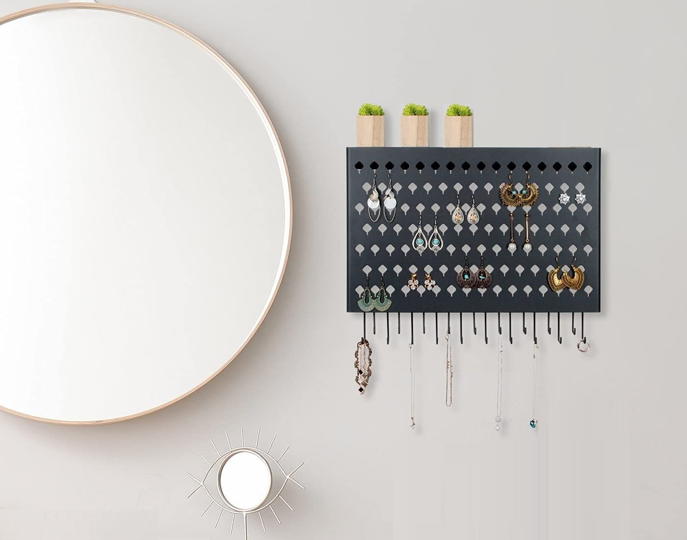 Wall Mount Earring Jewelry Hanger Organizer Holder with 109 Holes and 19 Hooks Black