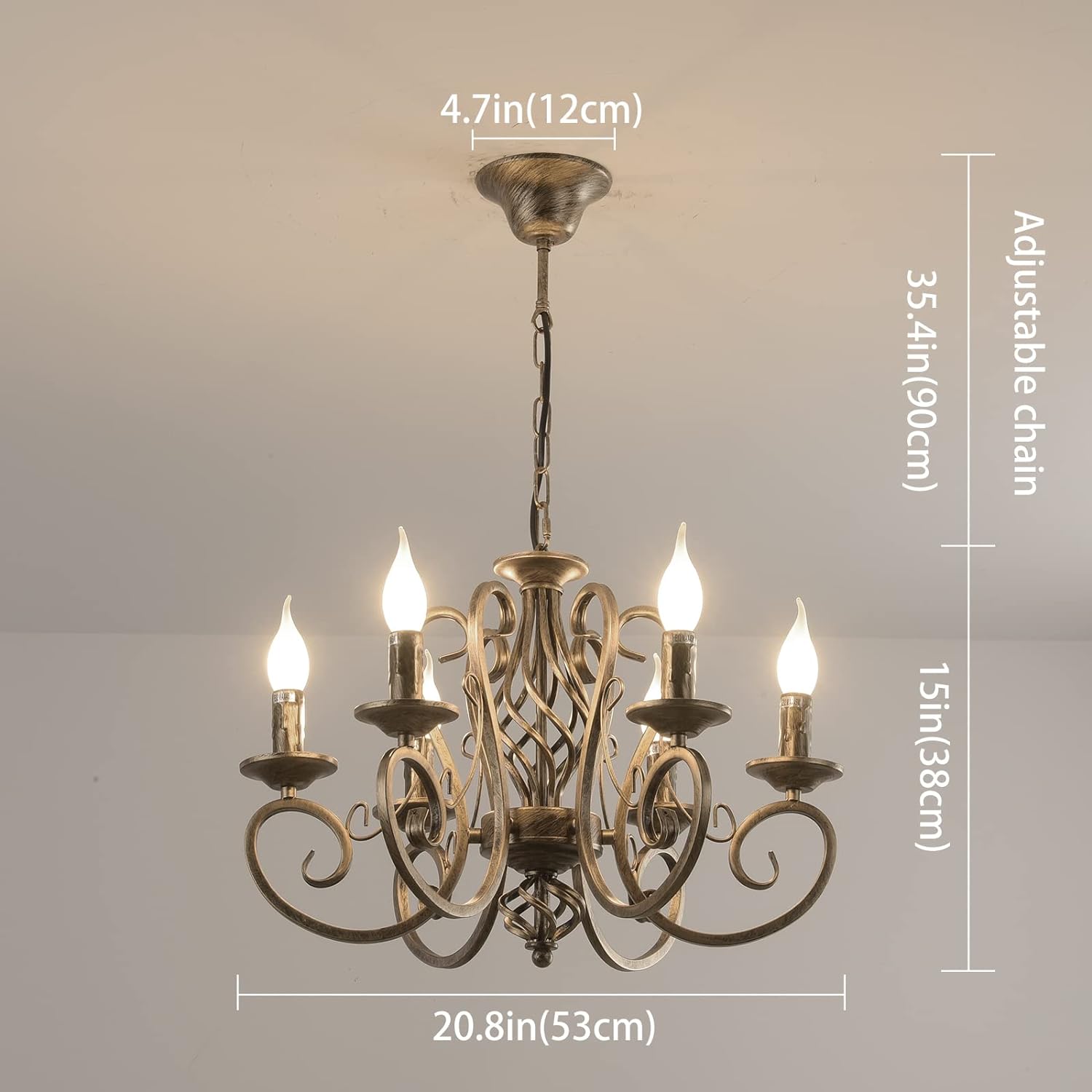 Rustic French Country Chandelier, 6-Light, Dimmable, Adjustable