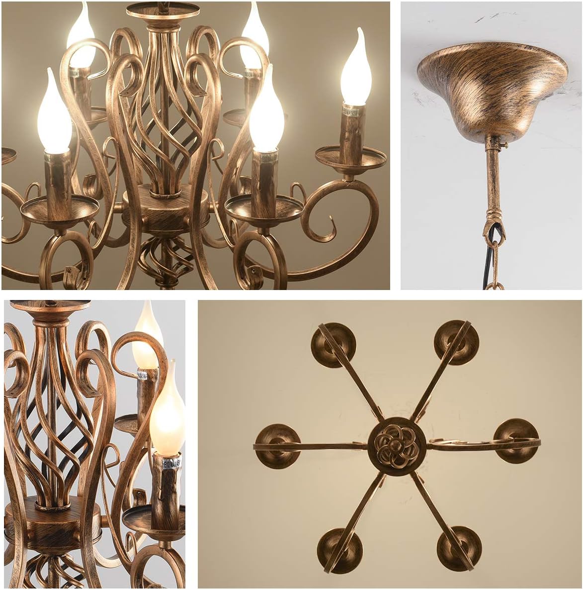 Rustic French Country Chandelier, 6-Light, Dimmable, Adjustable