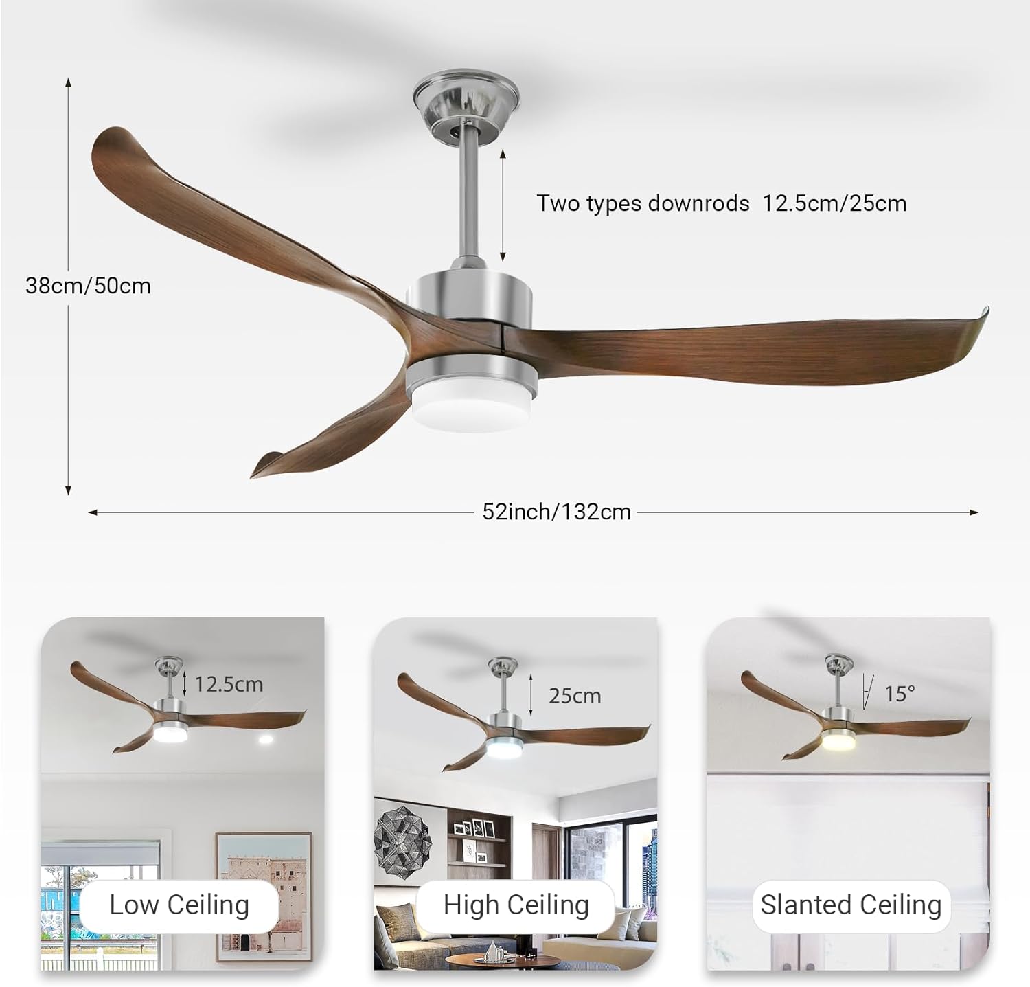 Dimmable Ceiling Fan with LED Light, Remote, DC Motor, Brown