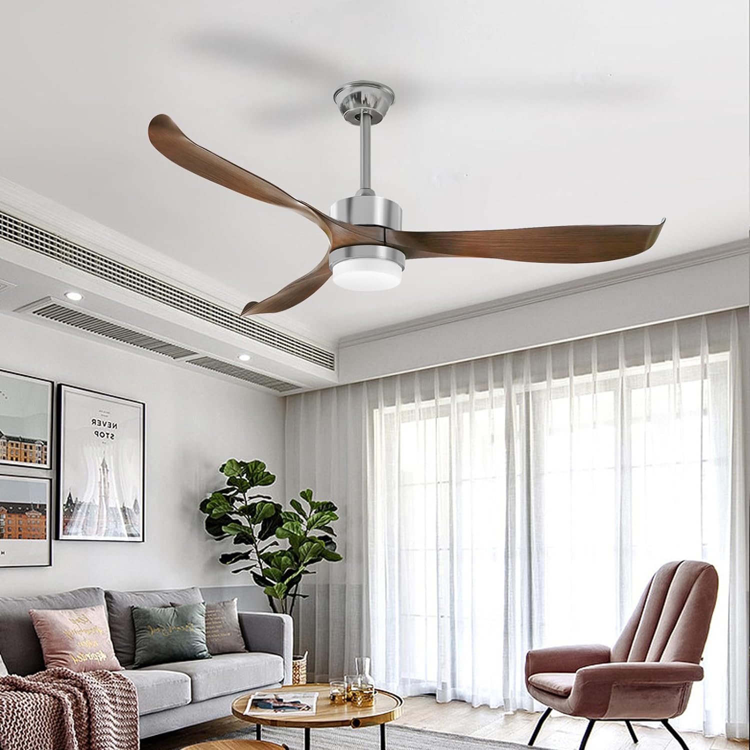 Dimmable Ceiling Fan with LED Light, Remote, DC Motor, Brown