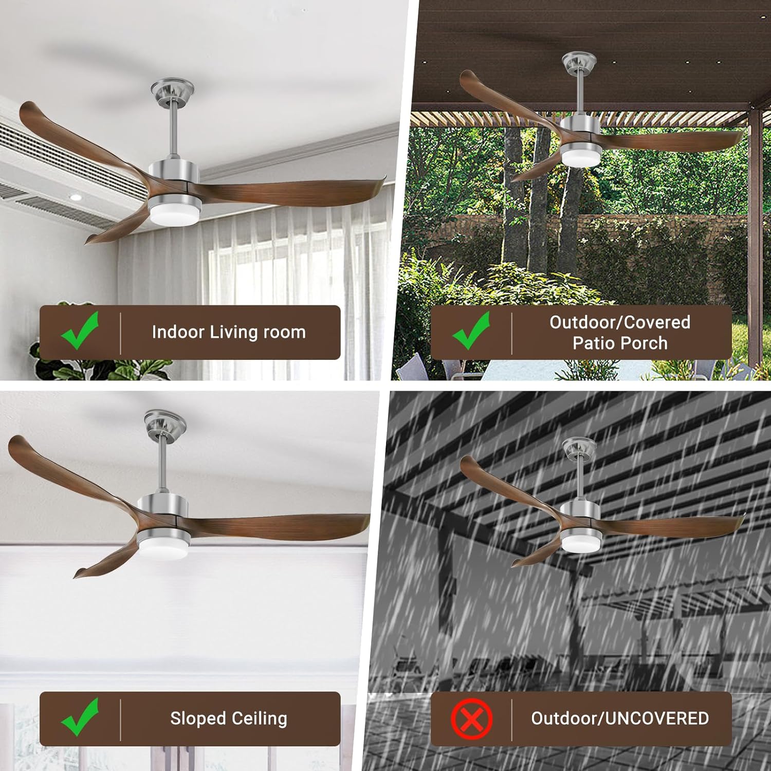 Dimmable Ceiling Fan with LED Light, Remote, DC Motor, Brown