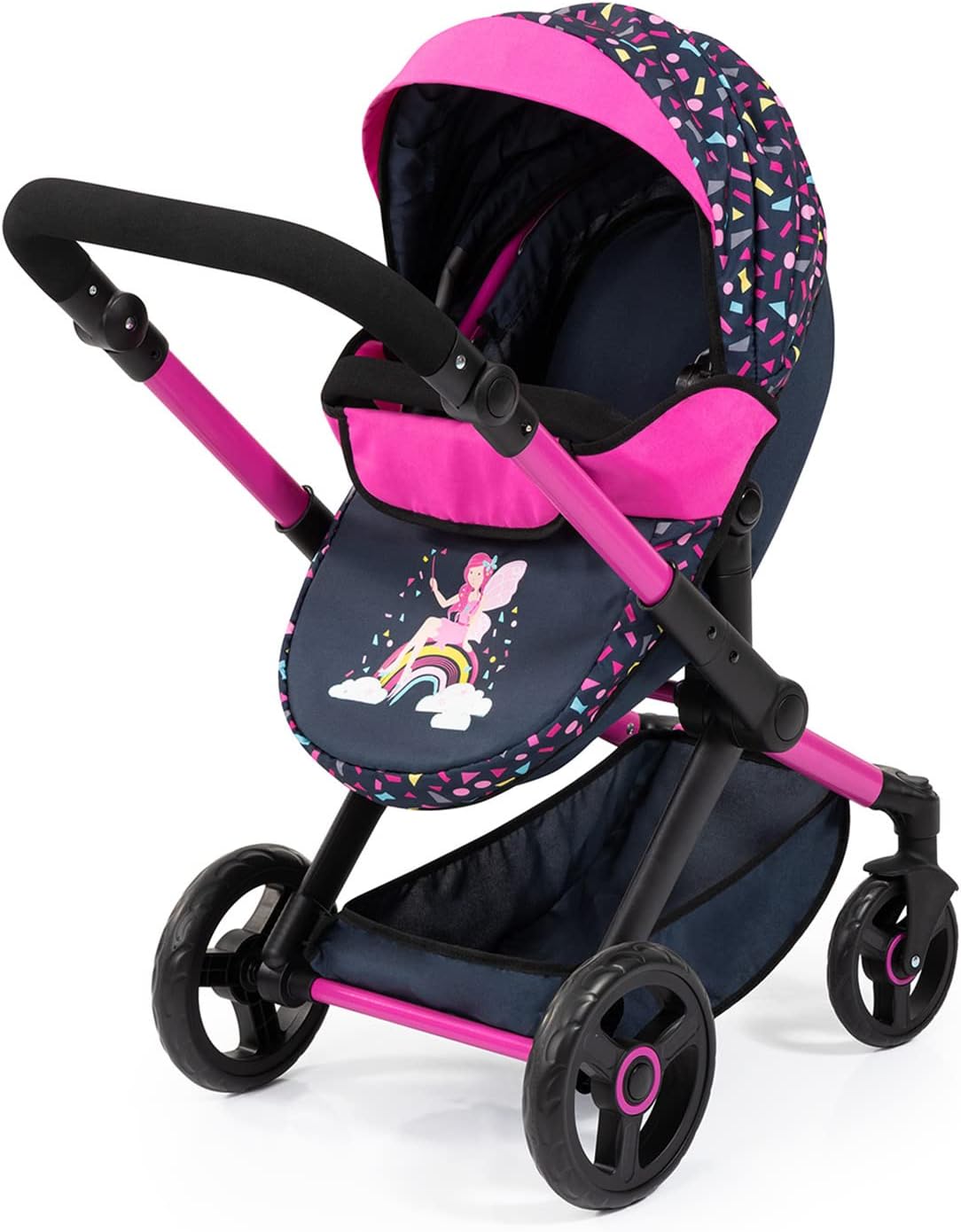 Adjustable Combi Doll Pram with Bag, 46 cm Capacity, Black/Pink