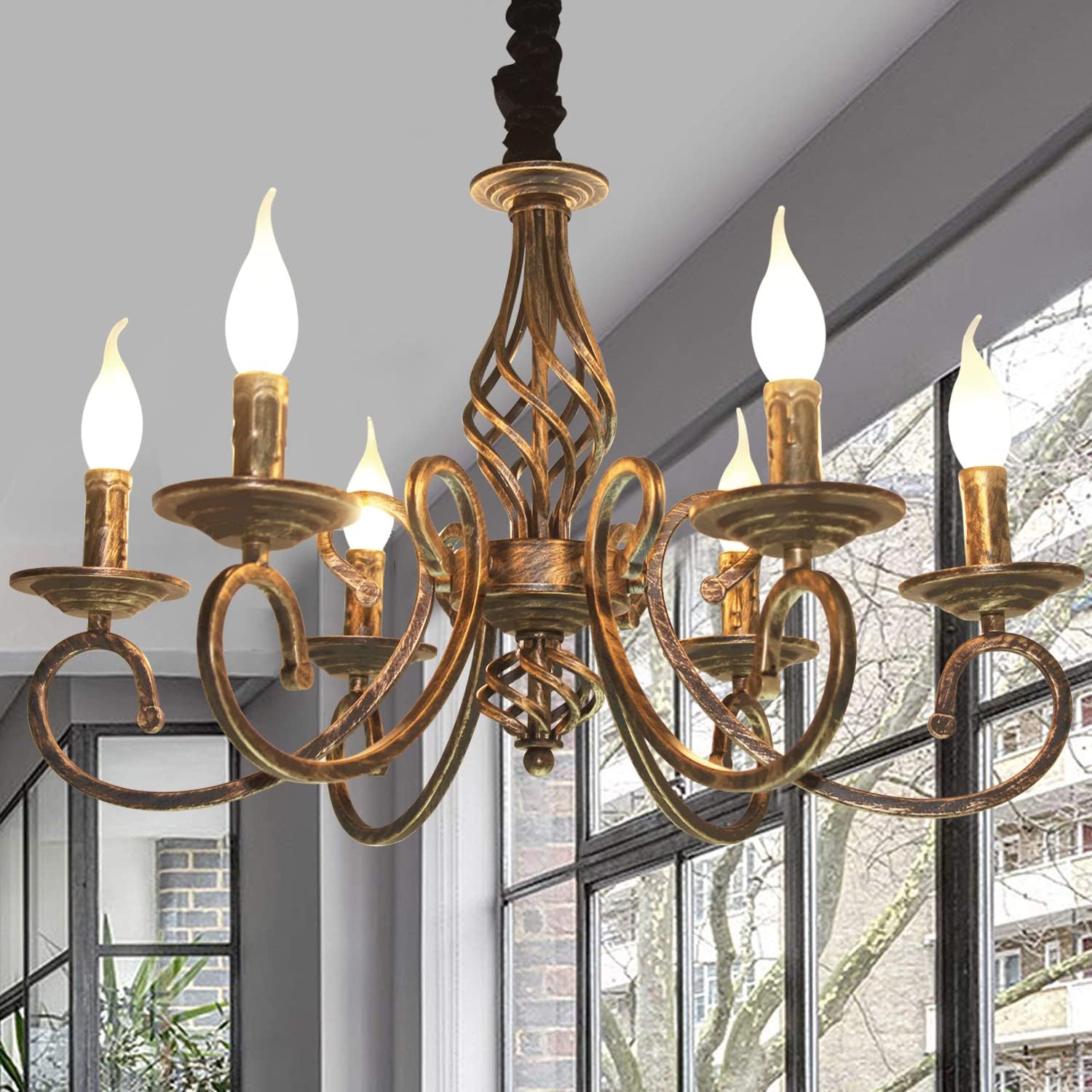 Adjustable Rustic 6-Light Chandelier, 90 cm Chain, French Country