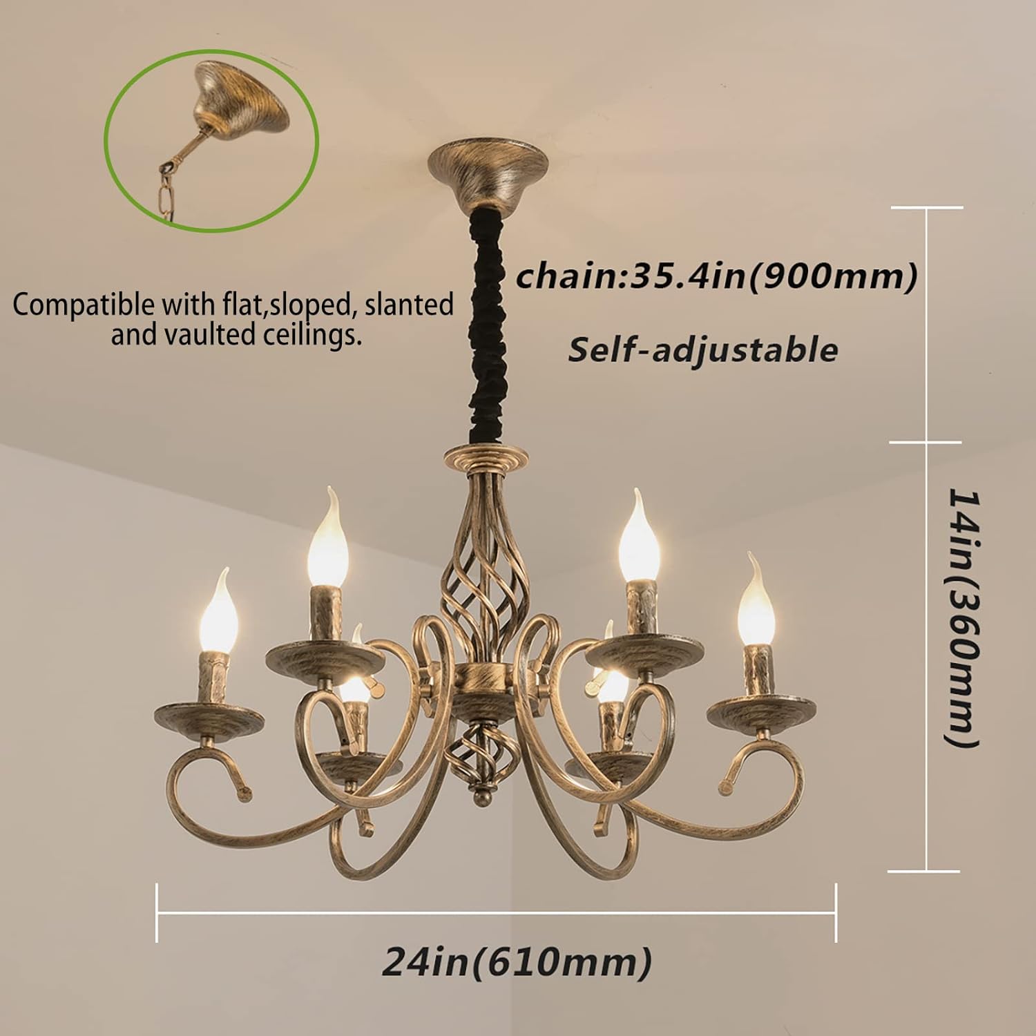 Adjustable Rustic 6-Light Chandelier, 90 cm Chain, French Country