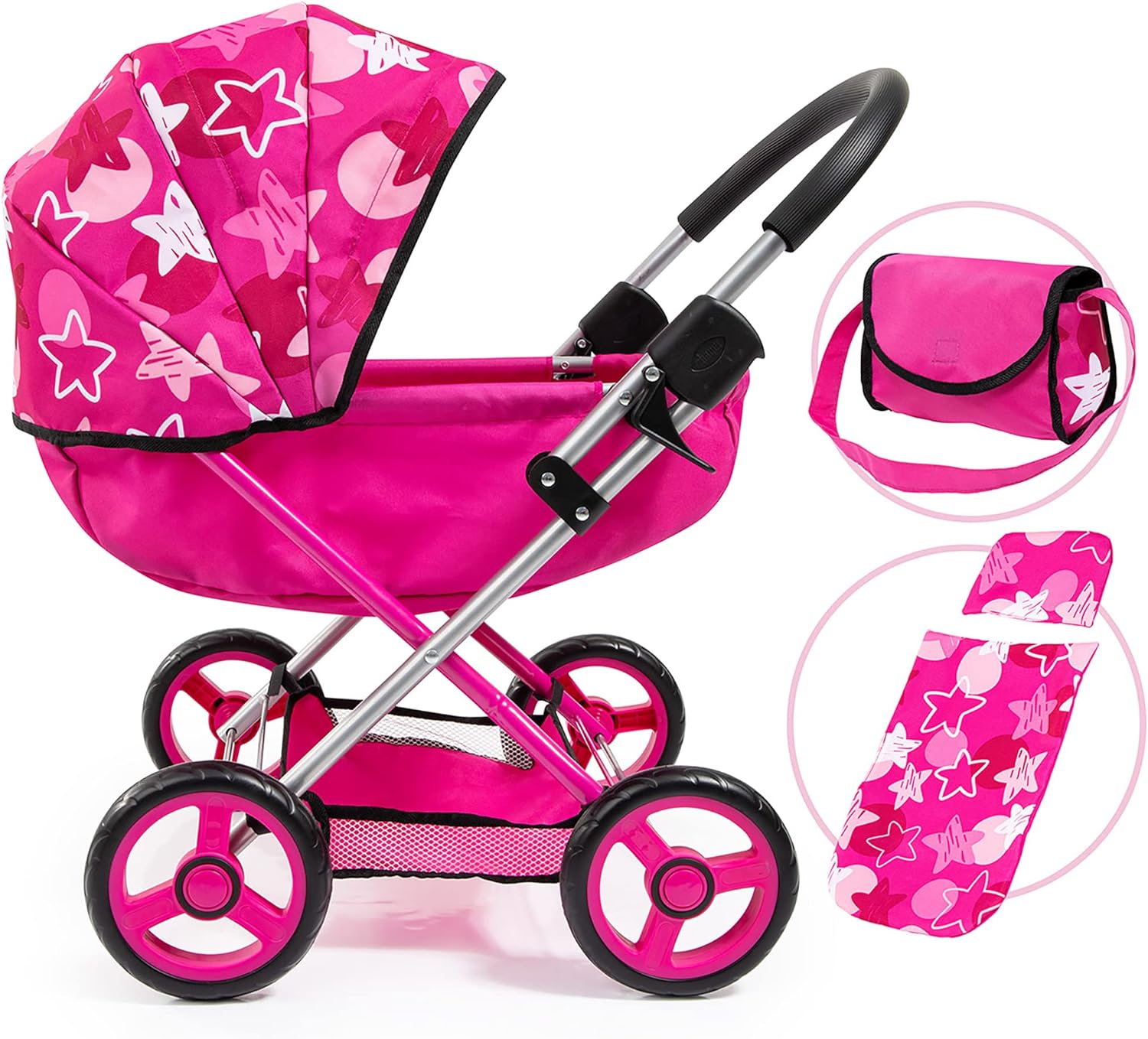 Foldable Baby Doll Stroller Pram, Pink, with Bag & Blanket