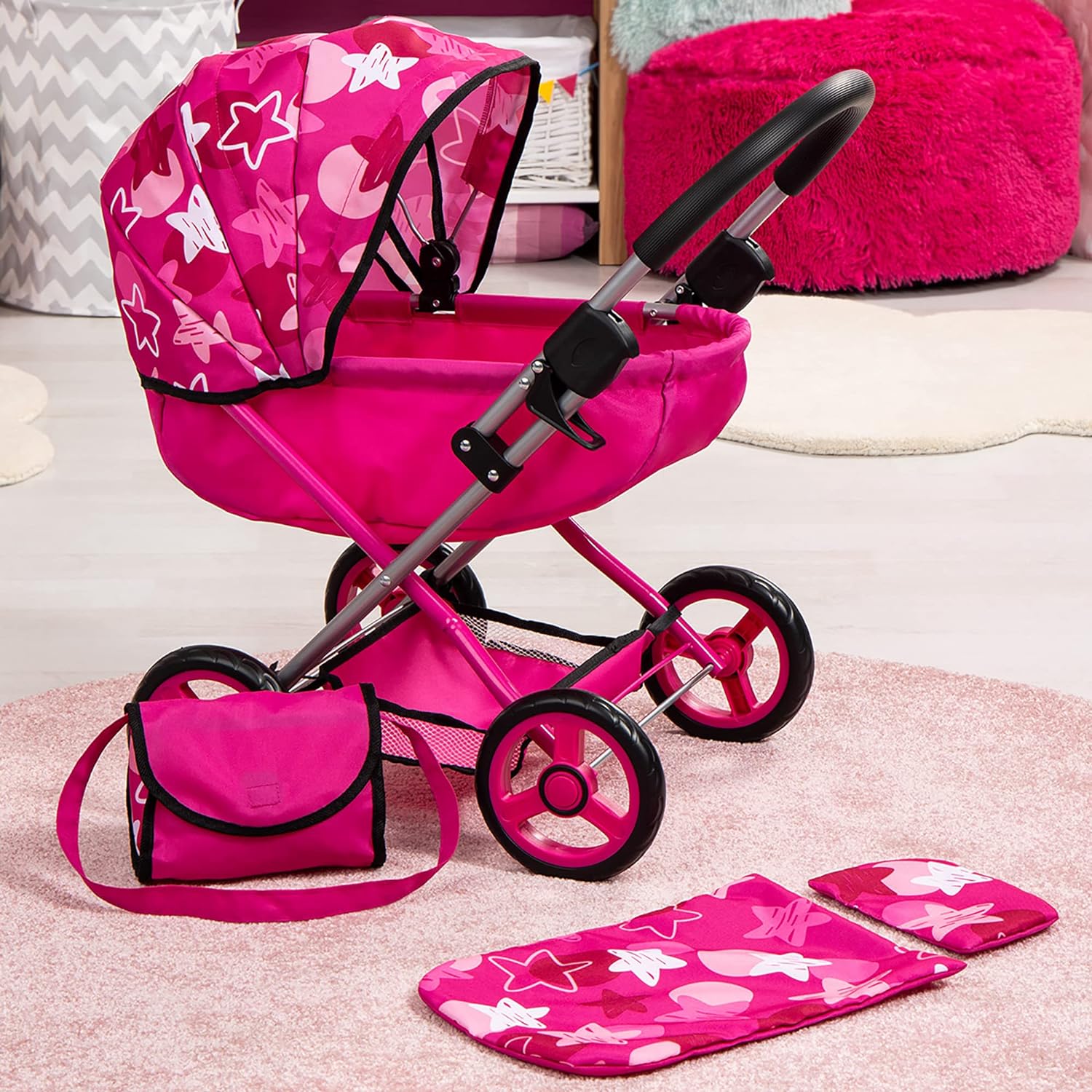 Foldable Baby Doll Stroller Pram, Pink, with Bag & Blanket