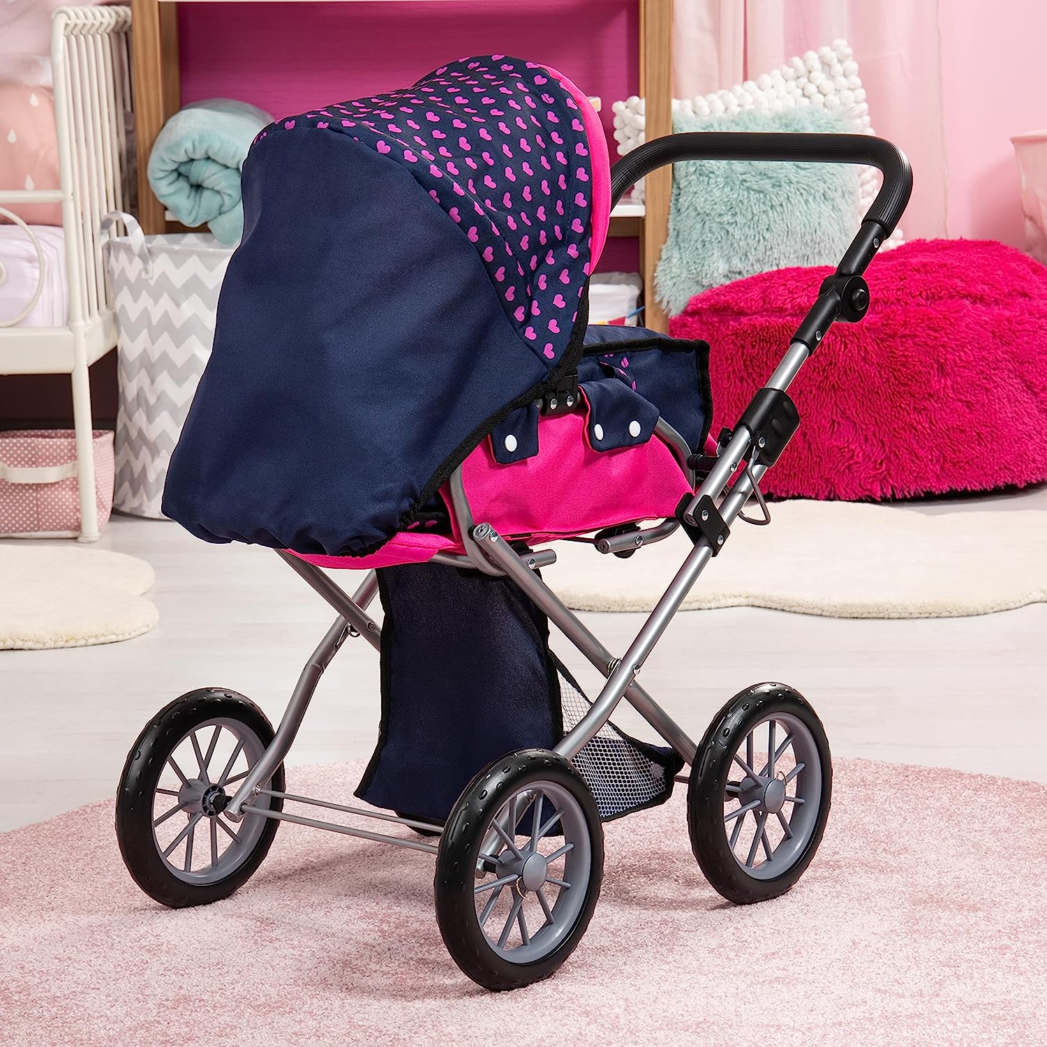 Adjustable Handle Baby Doll Pram, Removable Carrycot, Polka Dots