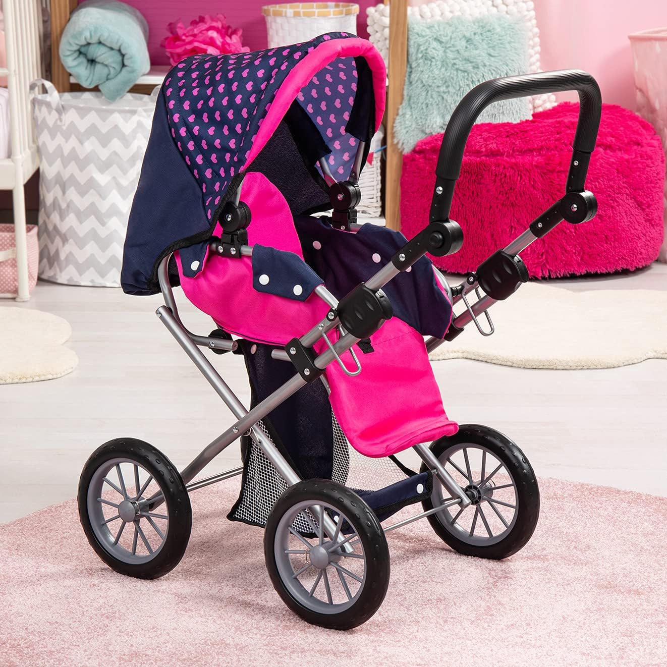 Adjustable Handle Baby Doll Pram, Removable Carrycot, Polka Dots