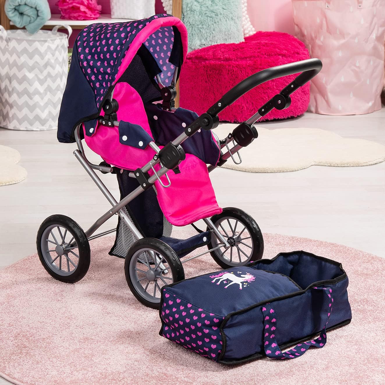 Adjustable Handle Baby Doll Pram, Removable Carrycot, Polka Dots