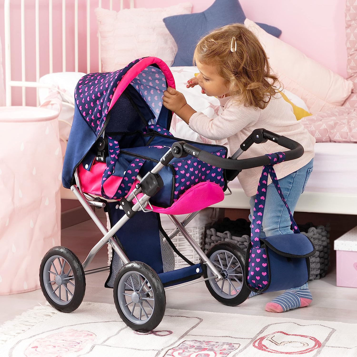 Adjustable Handle Baby Doll Pram, Removable Carrycot, Polka Dots