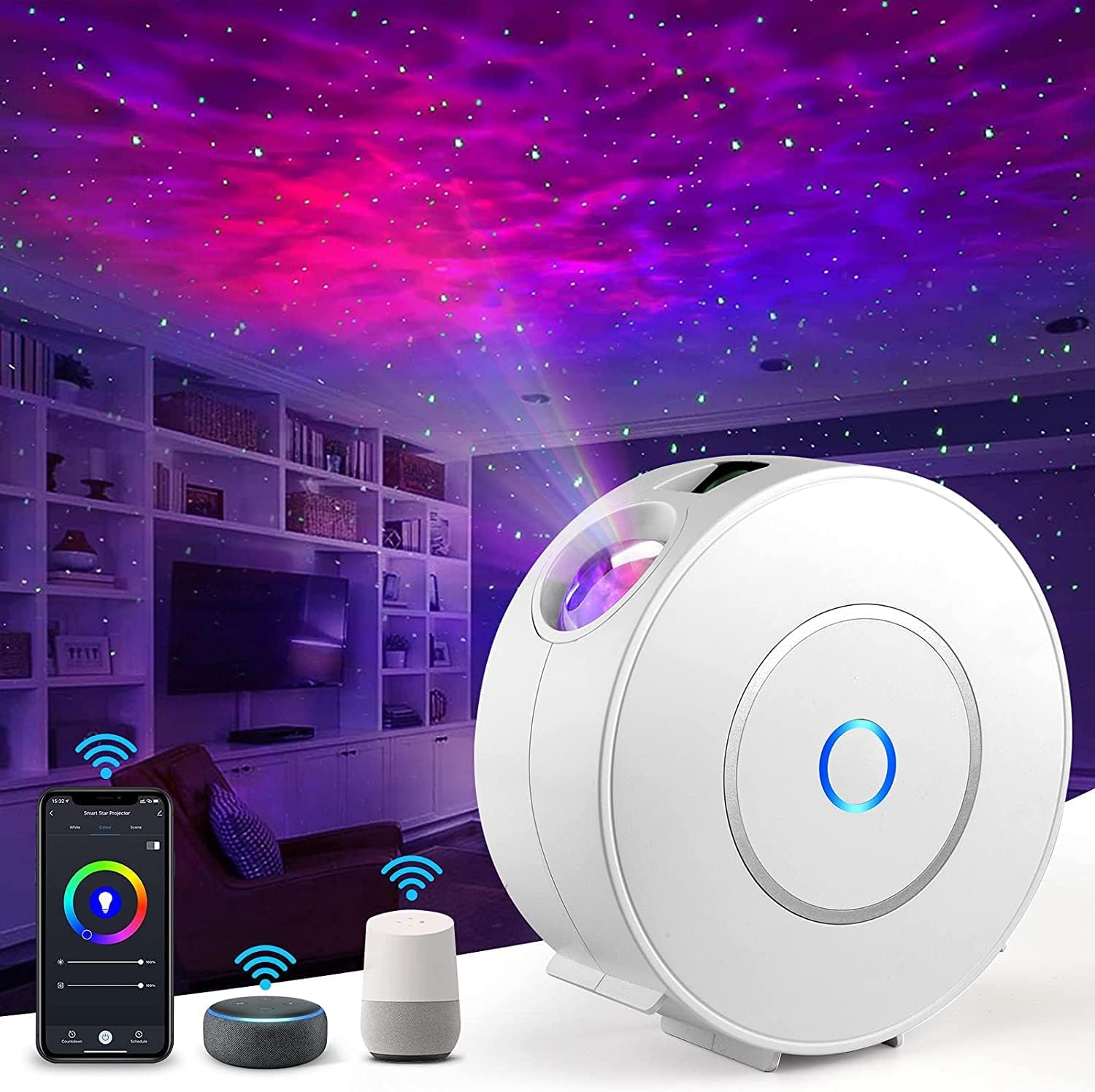 Voice-Controlled Star Projector, Adjustable Galaxy Light with 7-Day Timer