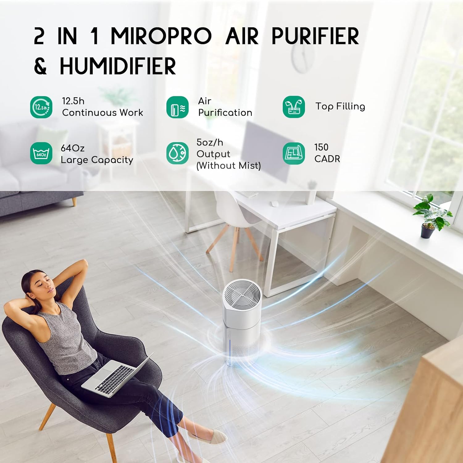 2-in-1 HEPA Air Purifier Humidifier, 3-in-1 Filtration, 7 Colors