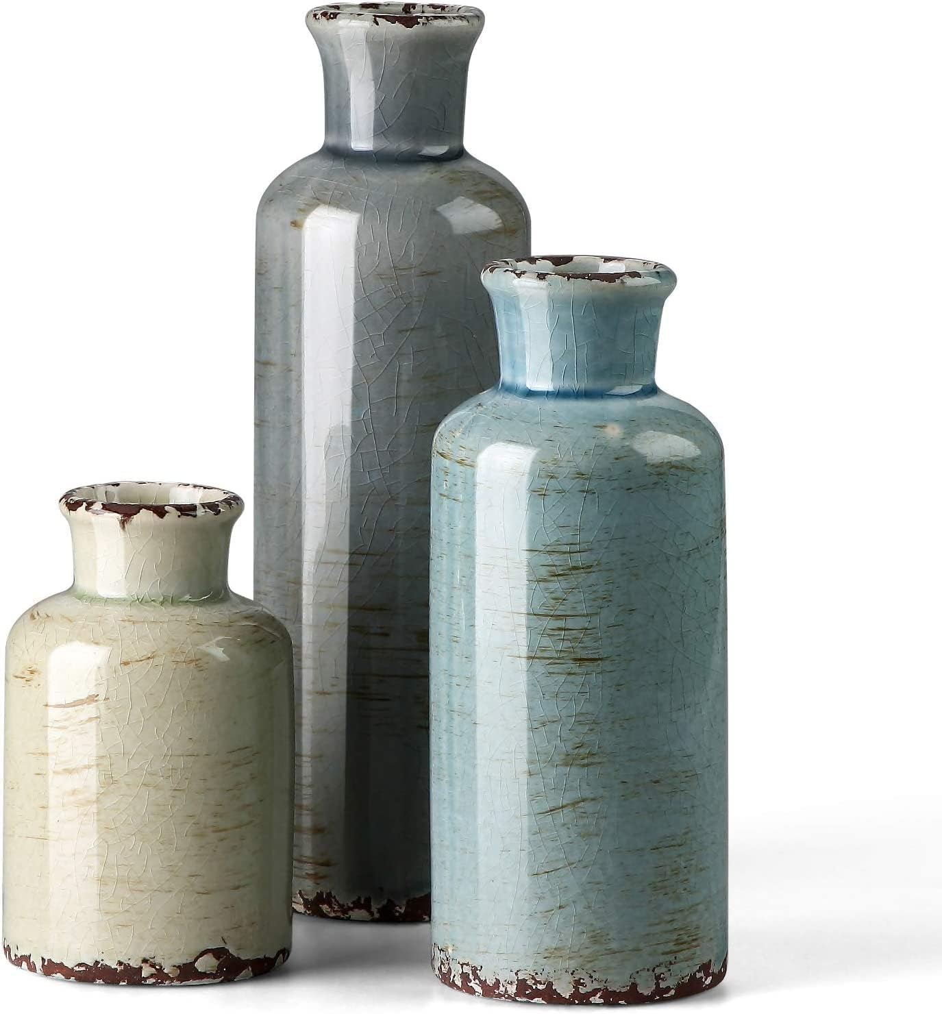 Ceramic Vases Set of 3 Crackled Finish Blue Farmhouse for Home D�cor