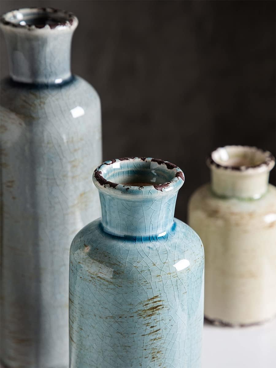 Ceramic Vases Set of 3 Crackled Finish Blue Farmhouse for Home D�cor