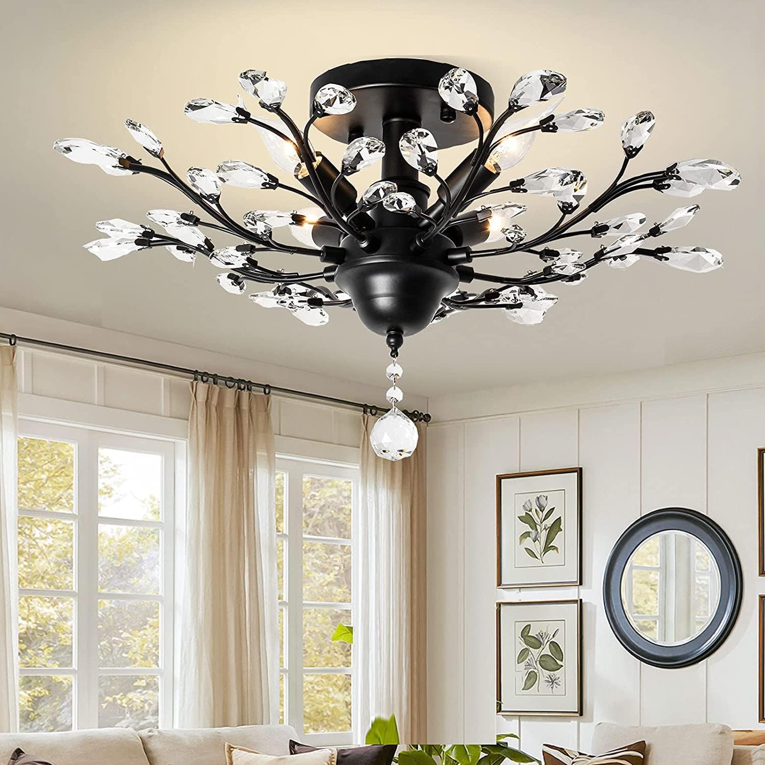 Elegant Crystal Chandelier LED Ceiling Light, 4 Lights, Black