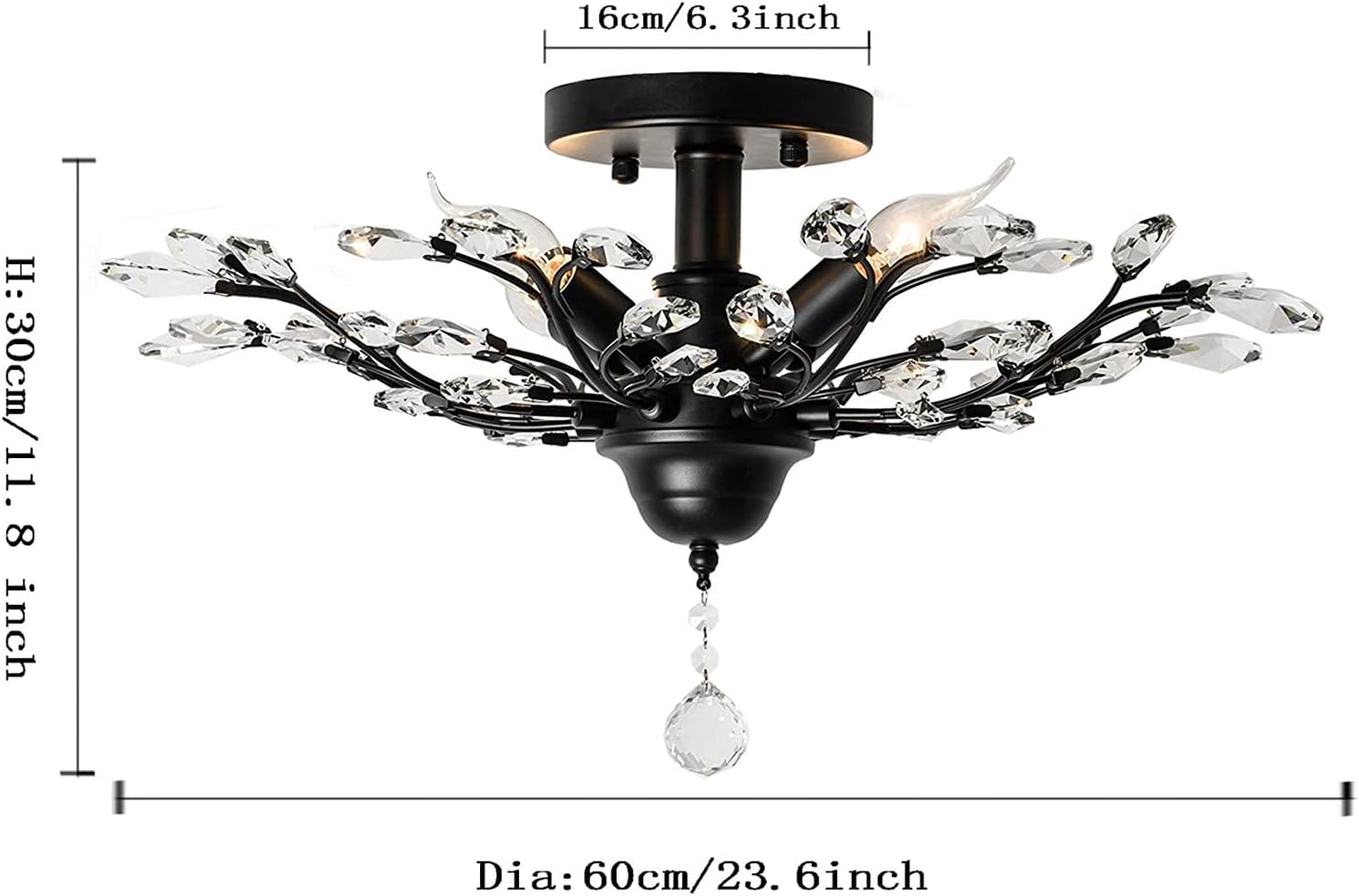 Elegant Crystal Chandelier LED Ceiling Light, 4 Lights, Black