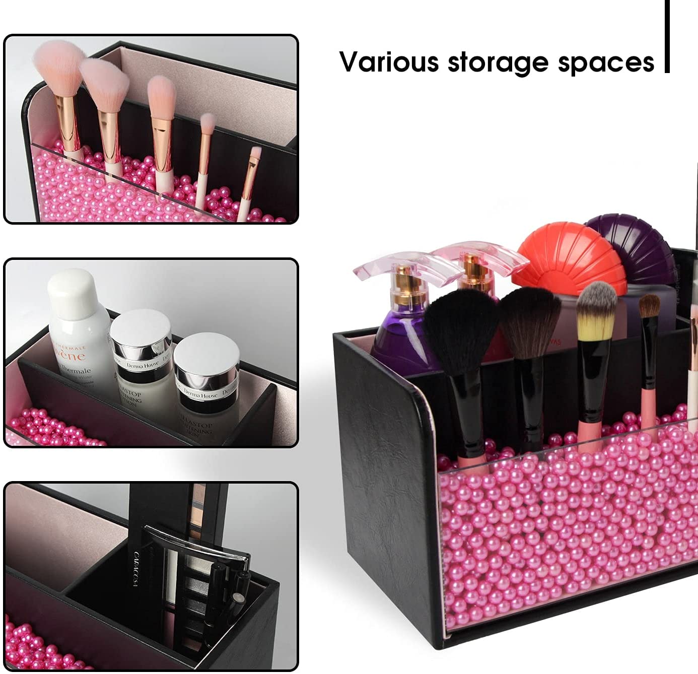 Leather Makeup Brush Cosmetic Organiser Storage Box with Pink Pearls, Acrylic Cover and 3 Compartments Black