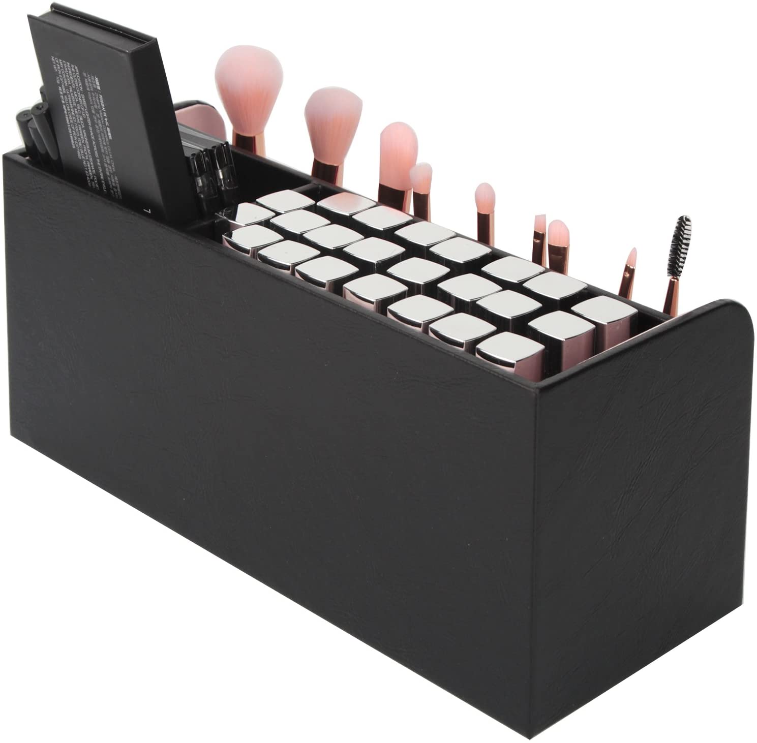 Leather Makeup Brush Cosmetic Organiser Storage Box with Pink Pearls, Acrylic Cover and 3 Compartments Black