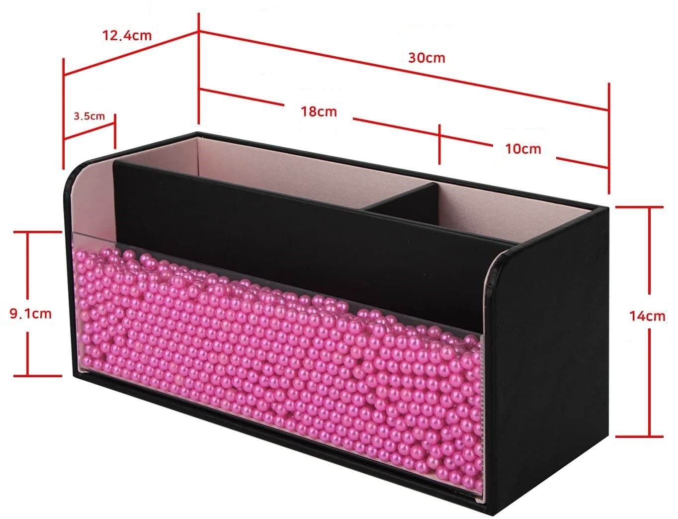 Leather Makeup Brush Cosmetic Organiser Storage Box with Pink Pearls, Acrylic Cover and 3 Compartments Black