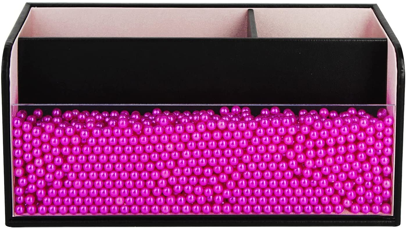 Leather Makeup Brush Cosmetic Organiser Storage Box with Pink Pearls, Acrylic Cover and 3 Compartments Black