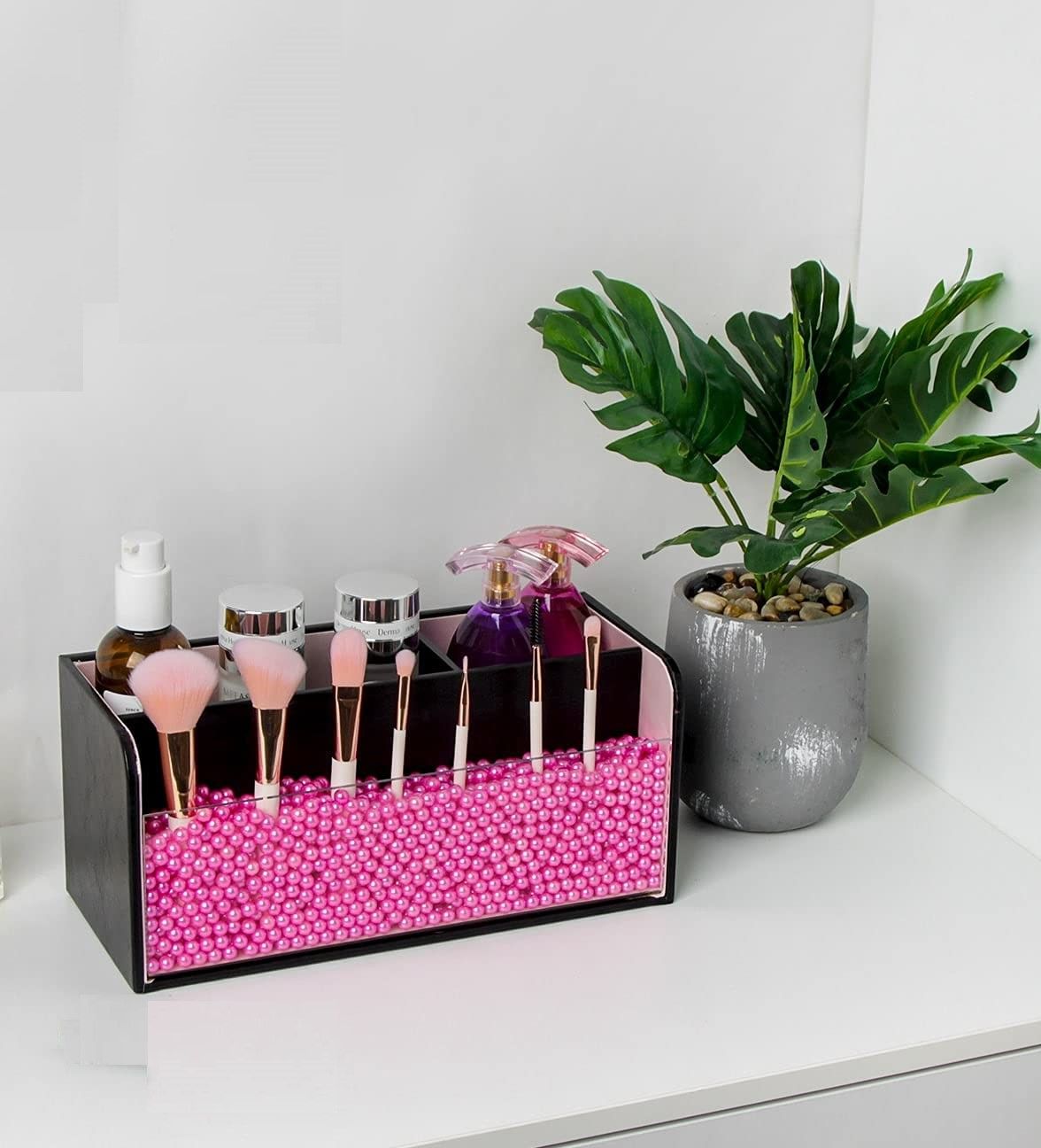 Leather Makeup Brush Cosmetic Organiser Storage Box with Pink Pearls, Acrylic Cover and 3 Compartments Black