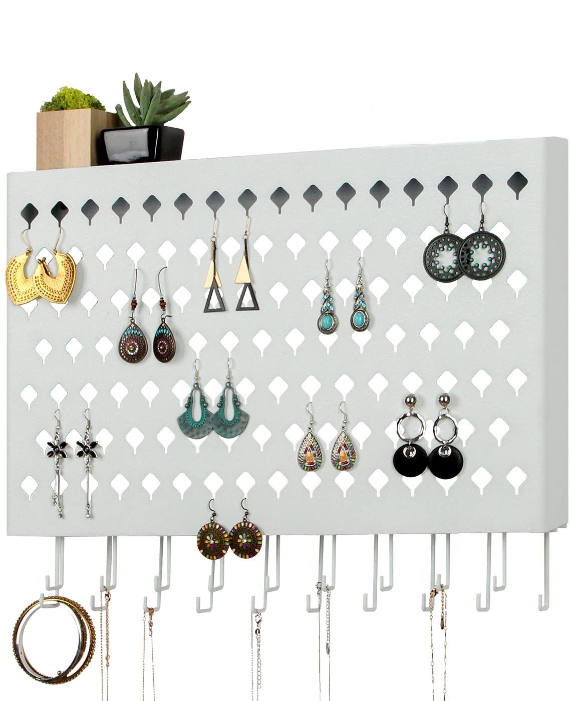 Wall Mount Earring Jewelry Hanger Organizer Holder with 109 Holes and 19 Hooks White
