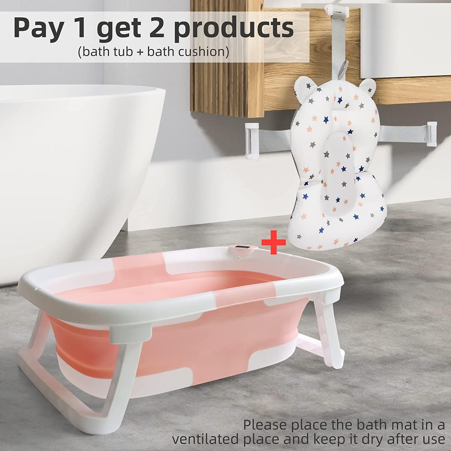 Foldable Non-Slip Baby Bath Tub, Pink White, BPA-Free