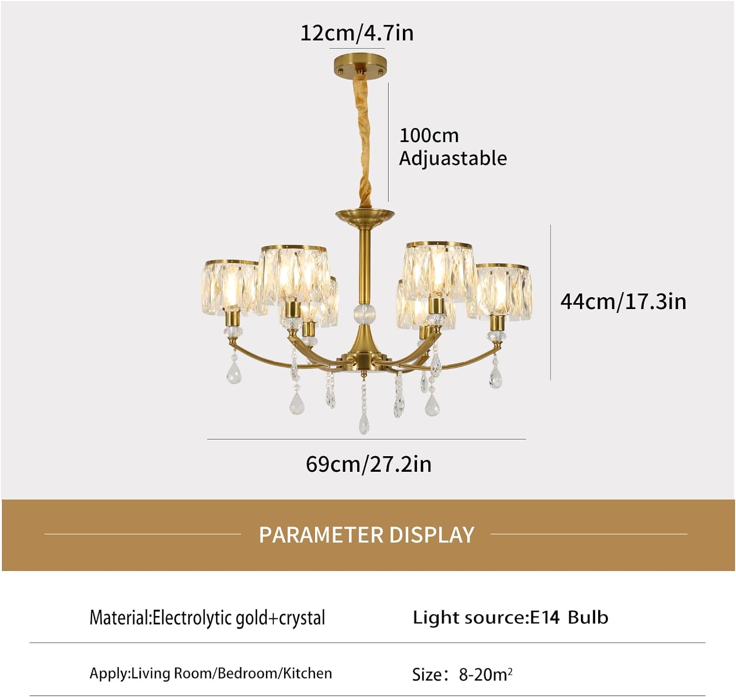 Gold Crystal Chandelier 6-Lights, Nordic Electroplated Copper