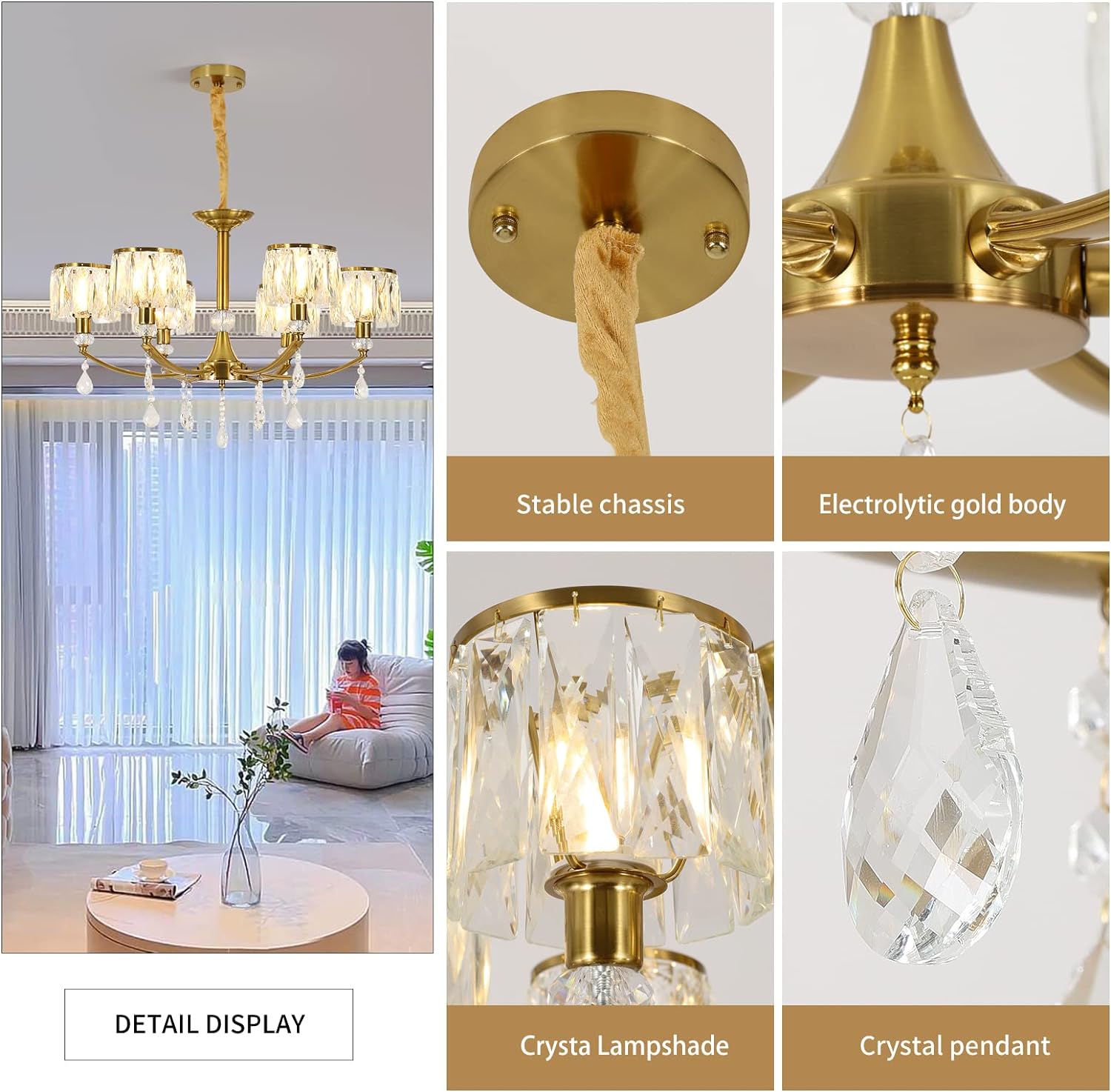 Gold Crystal Chandelier 6-Lights, Nordic Electroplated Copper