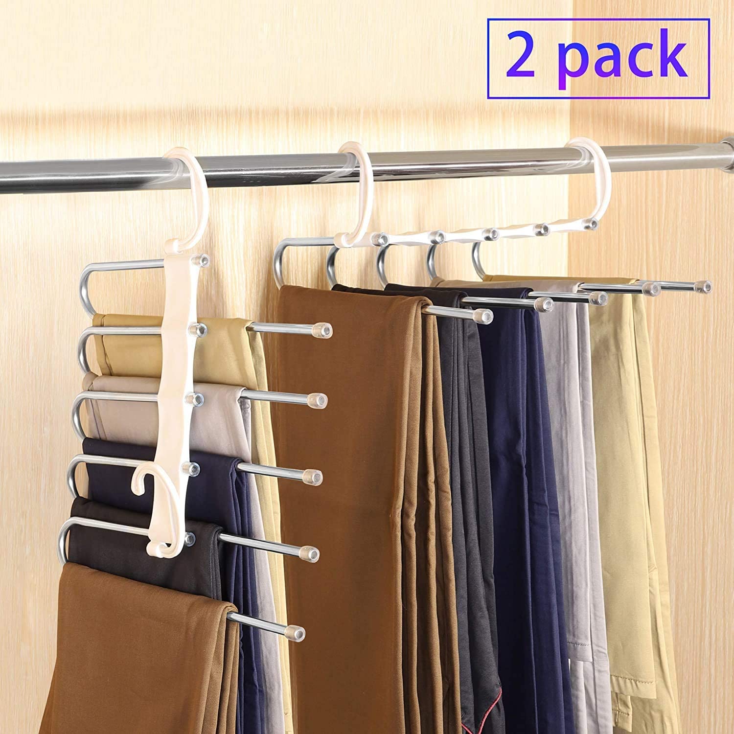 2 Pack Adjustable Multi-Layer 5 in 1 Pants Hanger for Wardrobe and Home Storage White