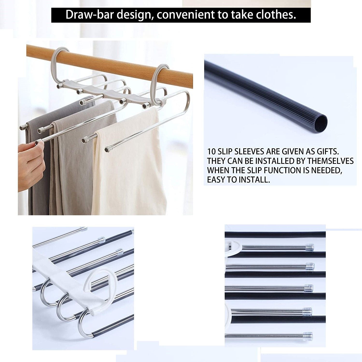 2 Pack Adjustable Multi-Layer 5 in 1 Pants Hanger for Wardrobe and Home Storage White