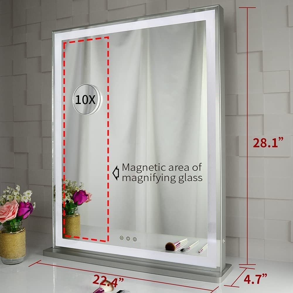 10x Magnification Mirror with Smart Touch Control and 3 Colors Dimmable Light for Bathroom and Bedroom 71 x 57 cm