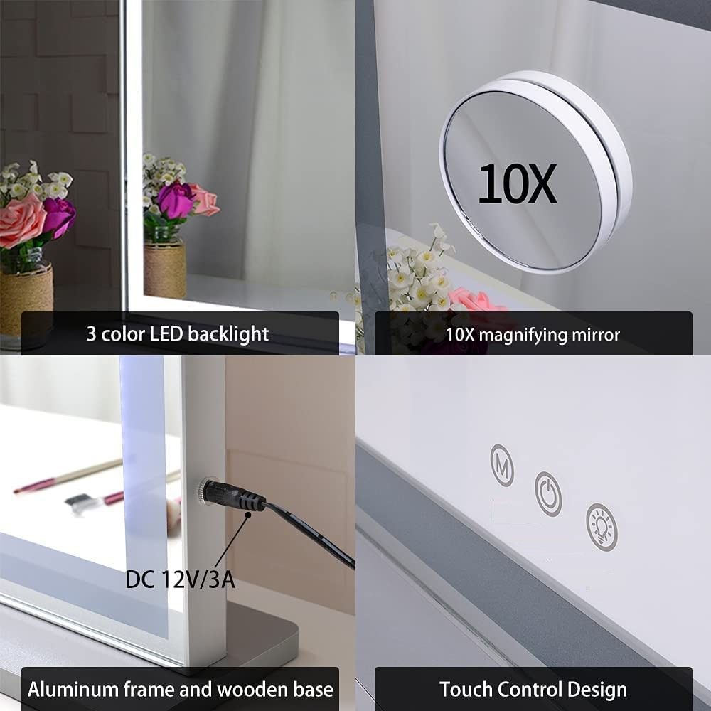 10x Magnification Mirror with Smart Touch Control and 3 Colors Dimmable Light for Bathroom and Bedroom 71 x 57 cm