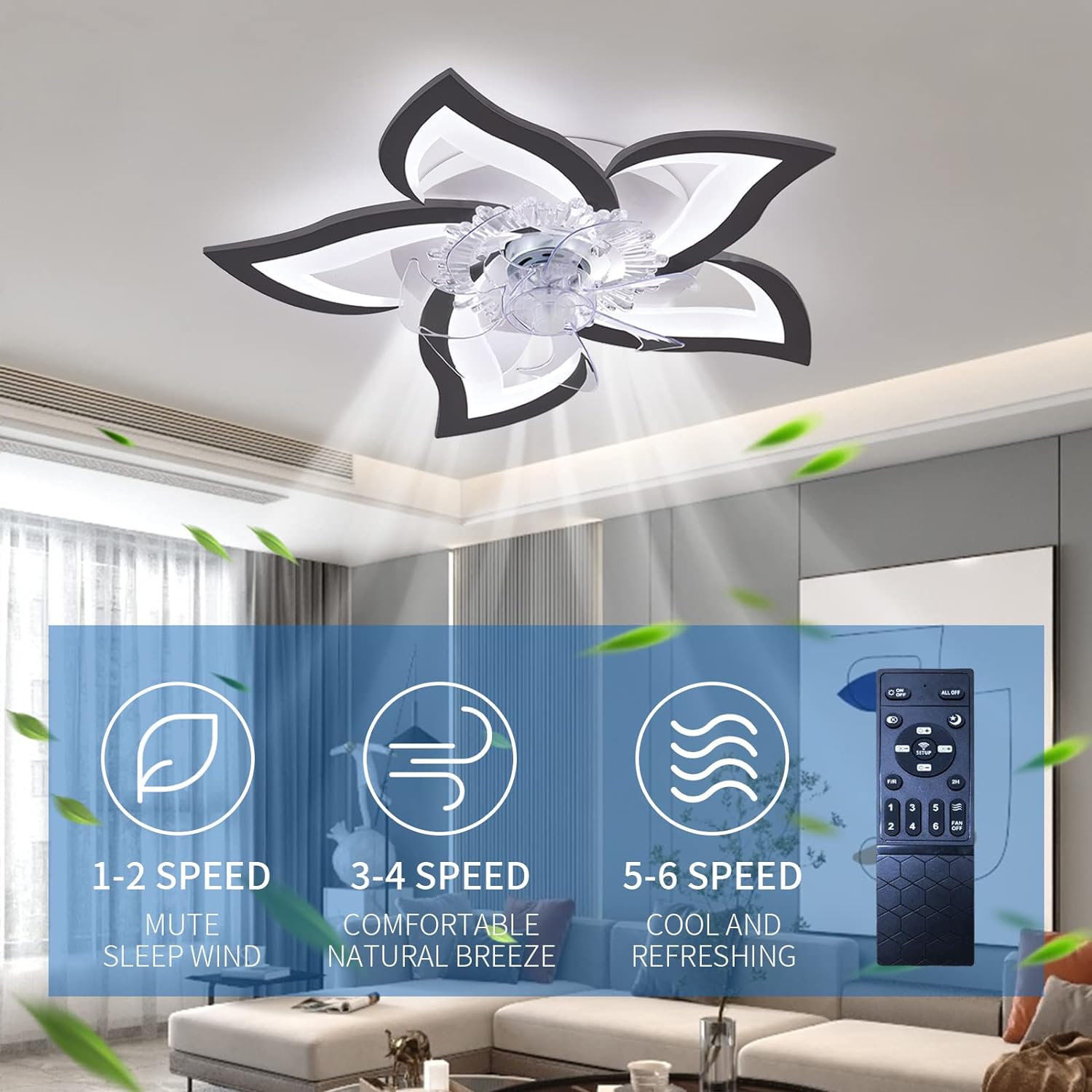 Low Profile Ceiling Fan Light, 6 Speeds, 3 Colors, 69cm