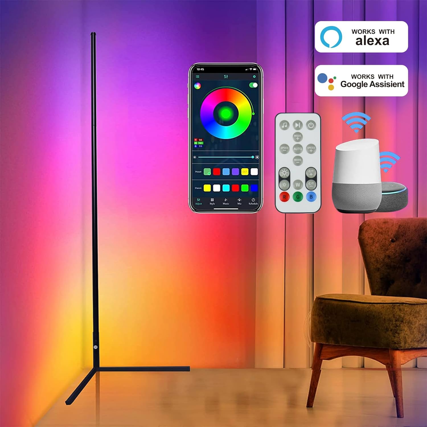 Dynamic RGB+IC LED Floor Lamp, Voice Control, 1500 Lumens