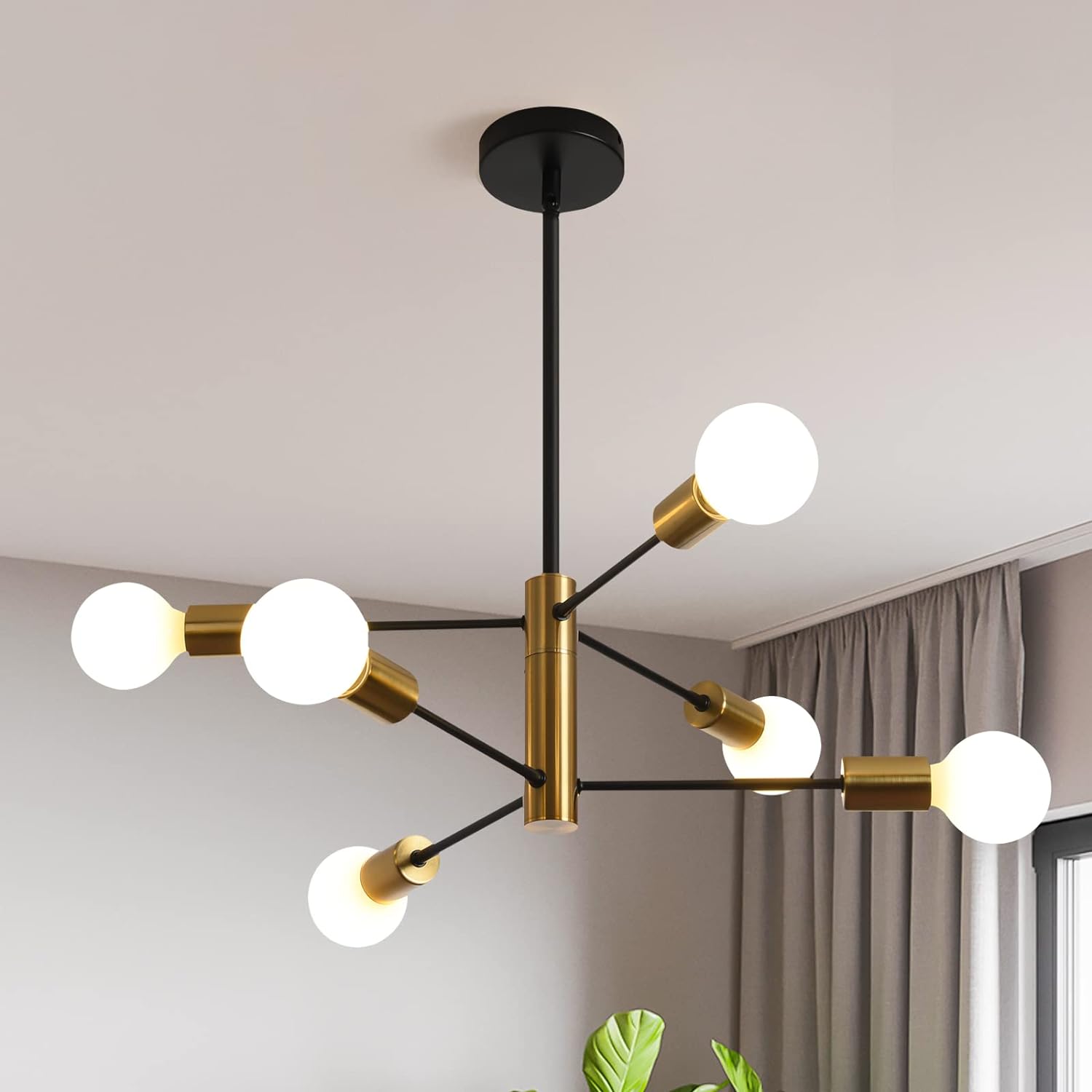 Adjustable 6-Light Sputnik Chandelier, Black & Gold, Modern Industrial