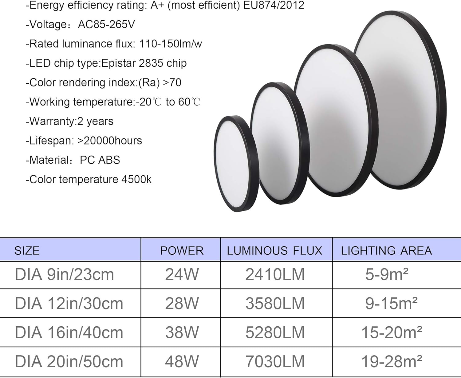 Natural Light 48W LED Ceiling Light, Black, 4500K, 50cm