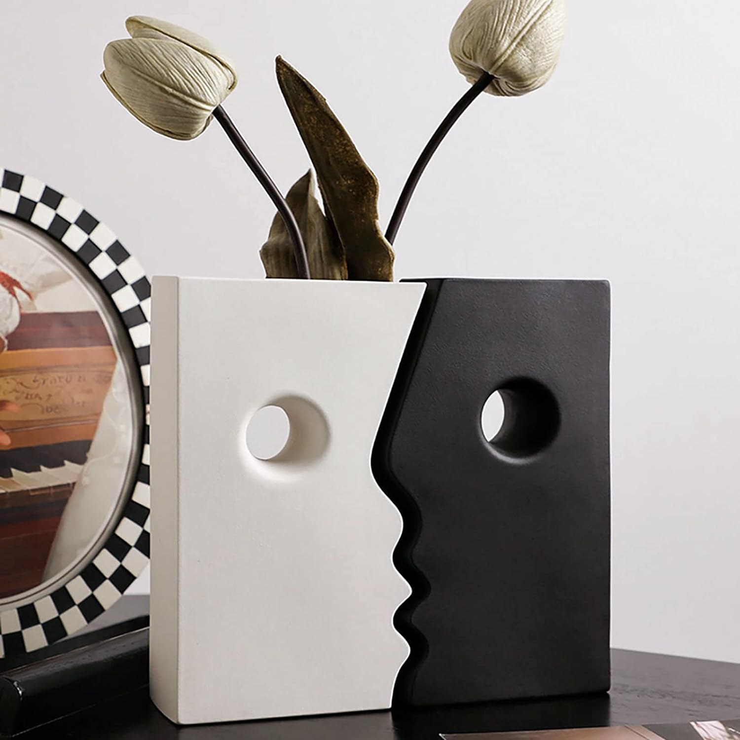 Ceramic Set of 2 Modern Black and White Vases for Home D cor